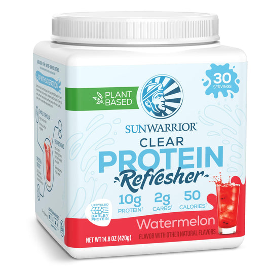 Sunwarrior Clear Protein en pote de 420 g con textura ligera y bebida refrescante.