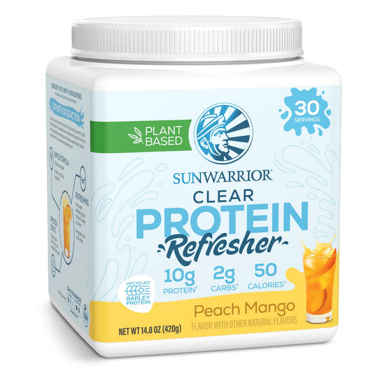 Sunwarrior Clear Protein en tubo de 420 g, proteína vegetal eficiente para hidratación rápida.