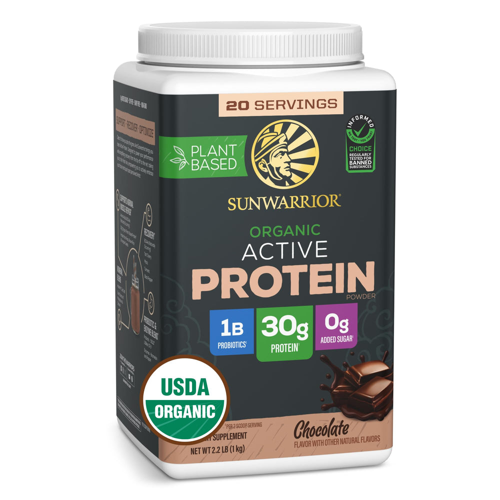 Sunwarrior envase frontal chocolate que muestra etiqueta y beneficios claros
