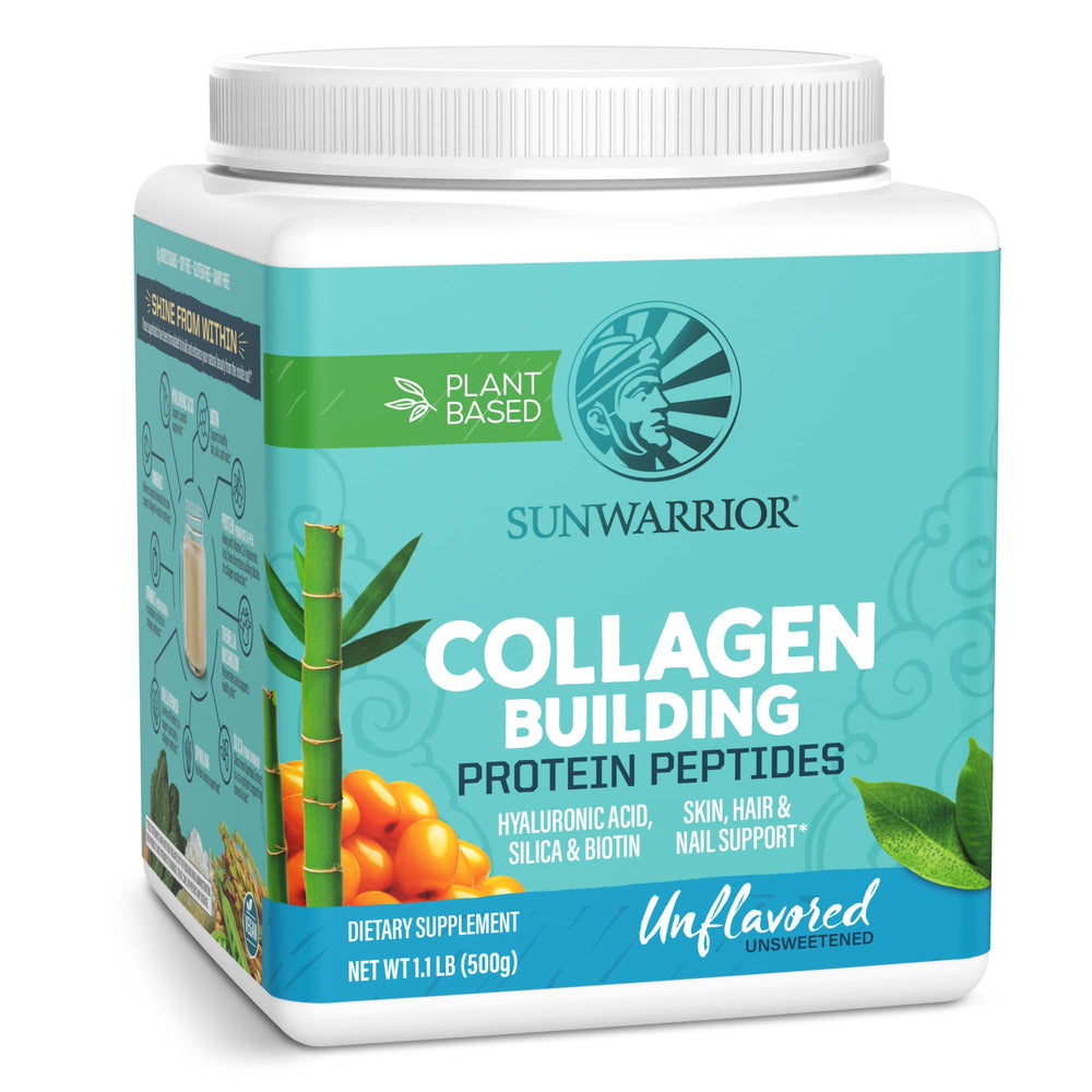 Sunwarrior frasco delantero mostrando envase sin sabor y limpieza de ingredientes