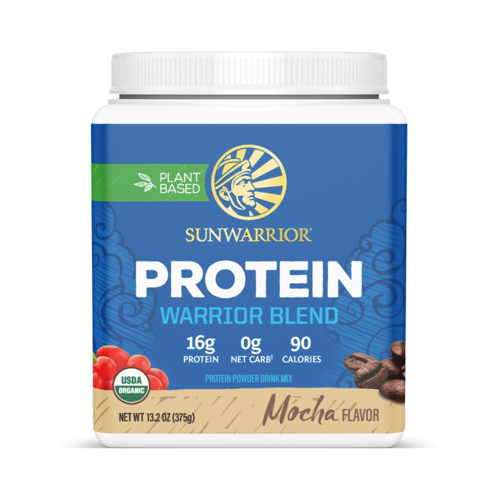 Etiqueta nutricional de Sunwarrior mocha enfocada en ingredientes orgánicos y BCAA