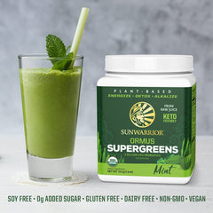 Sunwarrior Organic Greens Powder ingredients panel emphasizes moringa and grasses.