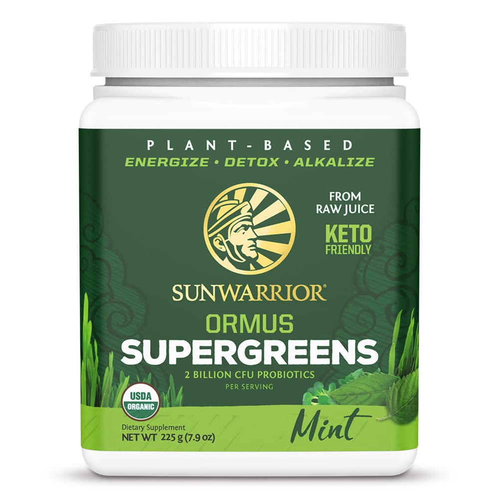 Sunwarrior Organic Greens Powder mint bottle shows refreshing vegan green boost.