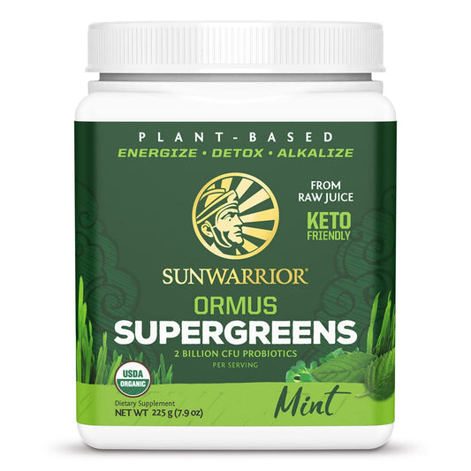 Sunwarrior Organic Greens Powder mint bottle shows refreshing vegan green boost.