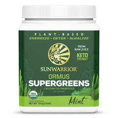 Sunwarrior Organic Greens Powder mint bottle shows refreshing vegan green boost.