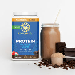 Sunwarrior Proteína Orgánica Chocolate etiqueta: certificado no transgénico.