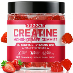 SUOOCH frasco delantero de Creatine Gummies mostrando diseño y cantidad fácil de llevar