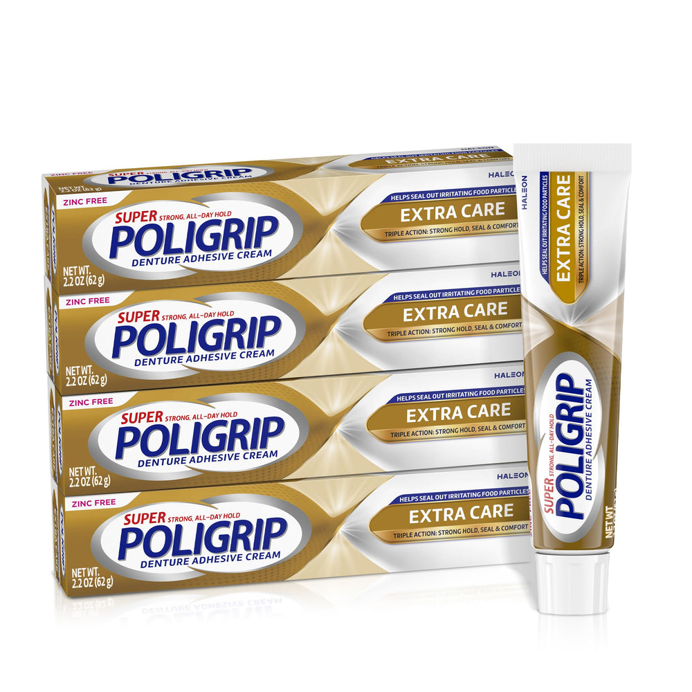 Super Poligrip envase frontal mostrando el diseño y volumen 4 tubos