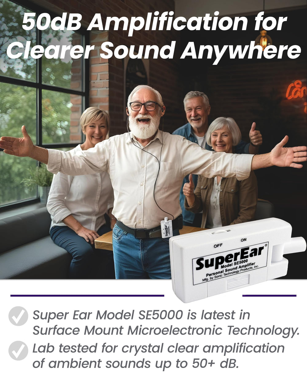 SuperEar SE5000 sujeto al cinturón con clip para llevarlo seguro