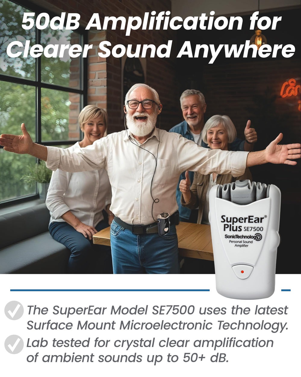 SuperEar SE7500 kit abierto con pilas y manual para iniciación rápida