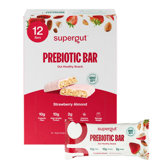 Supergut barra fresa almendra frente mostrando sabor y formato práctico