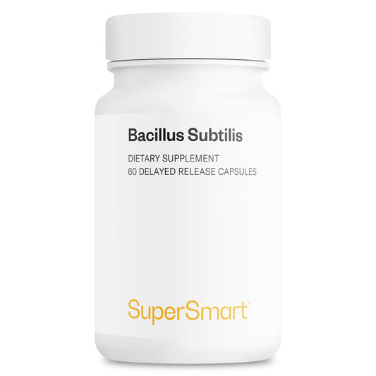 Supersmart Bacillus Subtilis bottle shows shelf-stable probiotic convenience.