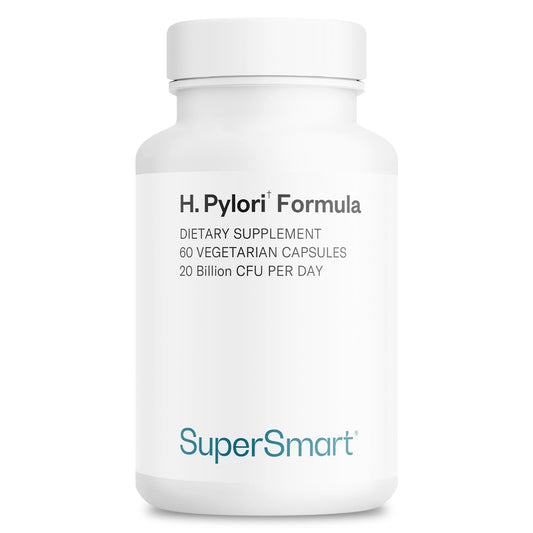 Supersmart H. Pylori Formula vista frontal mostrando el envase y la ventaja de fórmula patentada