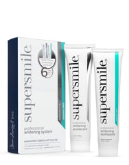 Supersmile empaque frontal mostrando sistema blanqueador y beneficio visual
