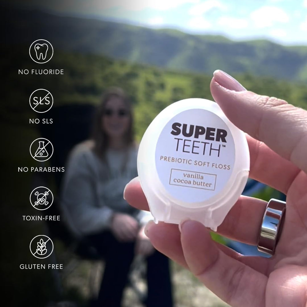 SUPER TEETH etiqueta con hidroxiapatita y xilitol destacando ingredientes