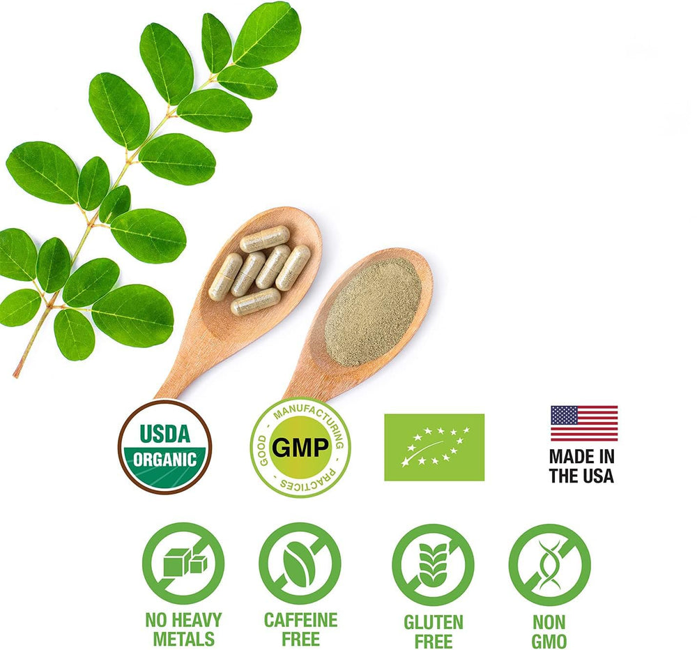 SUPREME HERBALS hojas de moringa en granja sostenible destacando origen orgánico
