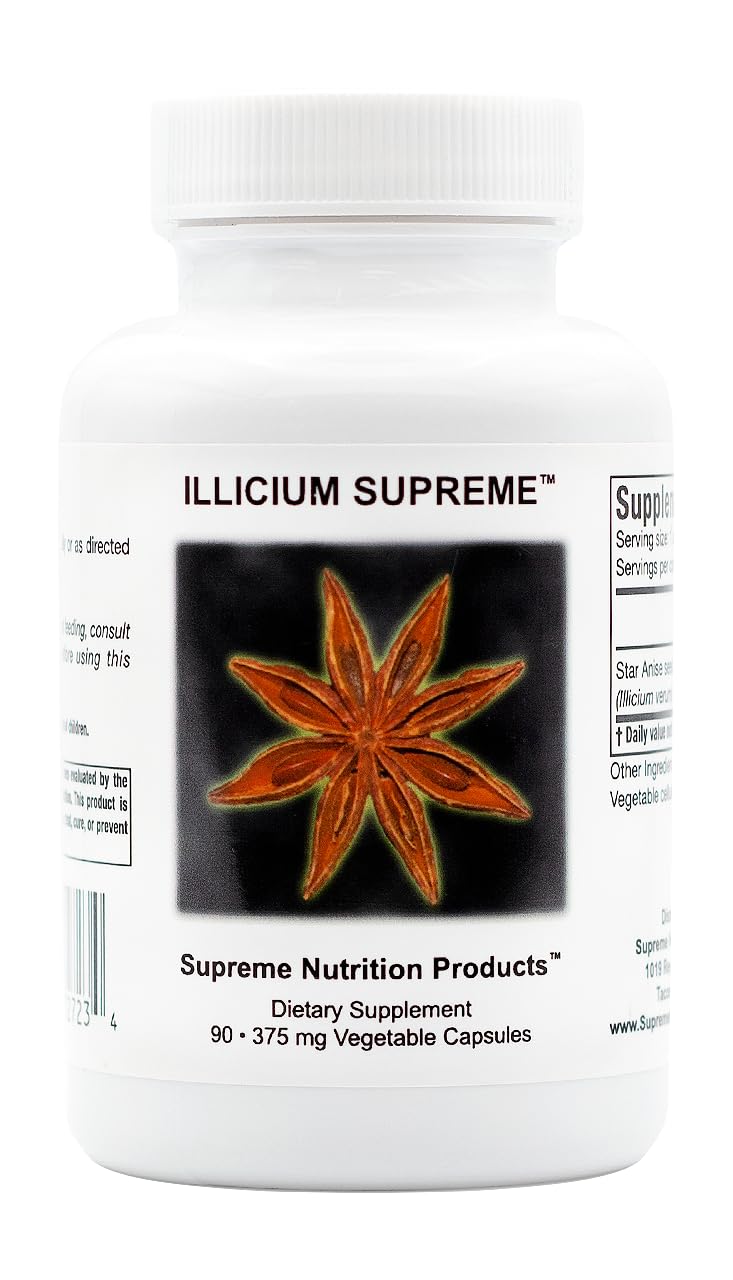 Supreme Nutrition frasco frontal de Illicium con etiqueta visible y ventaja de pureza