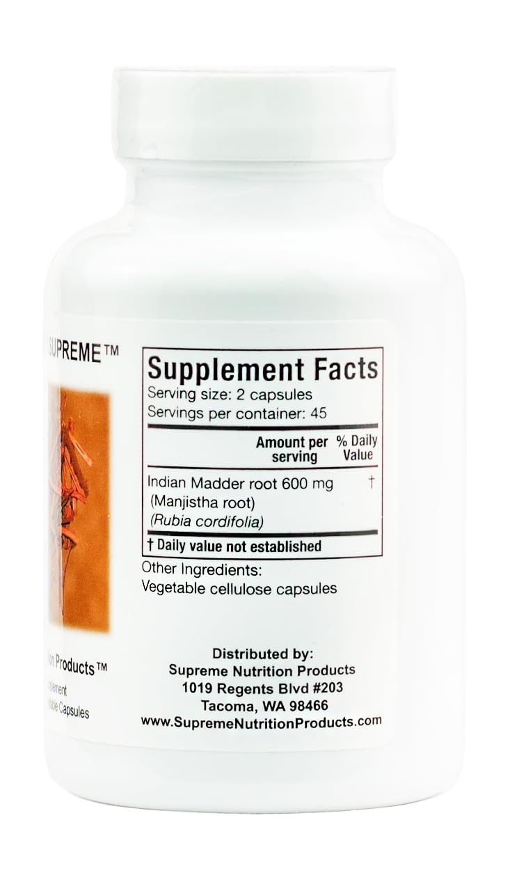 Detalle del polvo de raíz de Manjistha por Supreme Nutrition, pureza visible