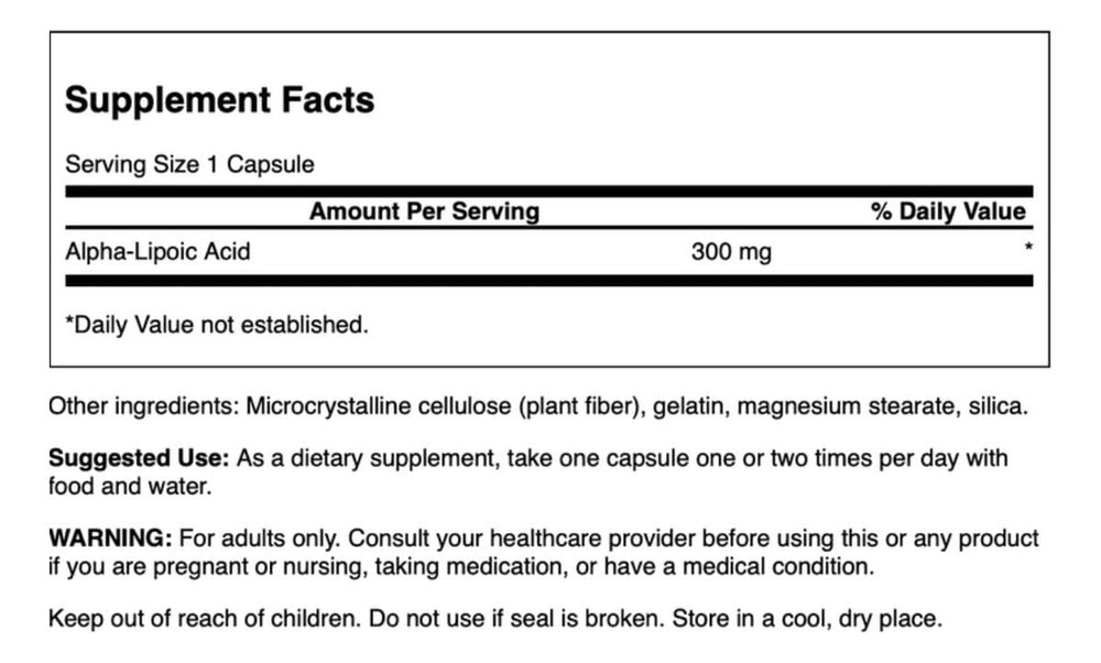 Swanson etiqueta y empaque alfa lipoico: información de pureza y sello GMP