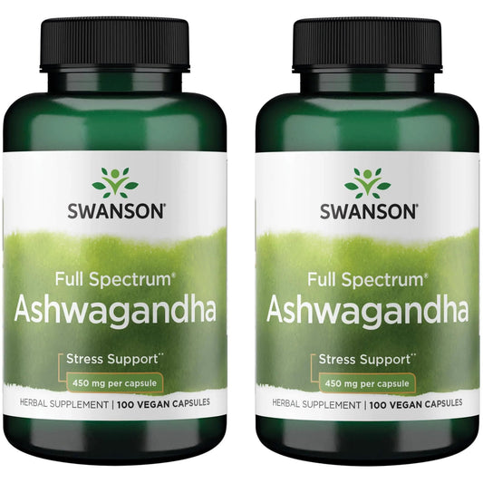 Swanson Ashwagandha: botella de cápsulas para apoyar el equilibrio diario y la energía.