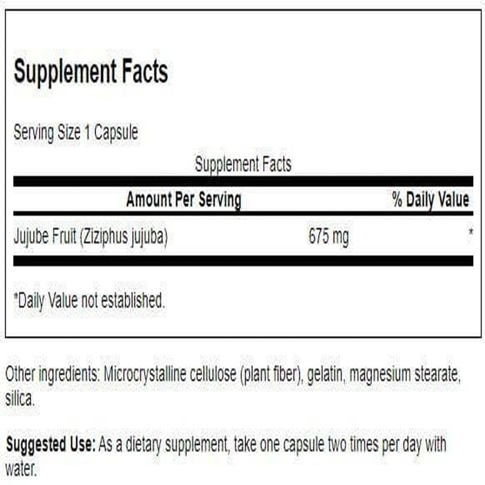 Detalle de cápsula Swanson azufaifa-fruta, fácil de tragar para uso diario.