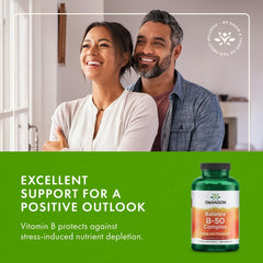 Swanson B-50 bottle on shelf conveys reliability and daily supplementation.