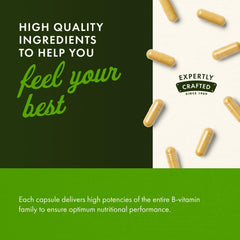 Swanson B-50 bottle with label highlighting heart health and energy metabolism.