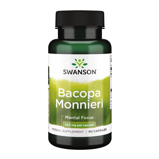 Swanson Bacopa Monnieri Bacognize, botella de cápsulas, apoyo al enfoque mental.