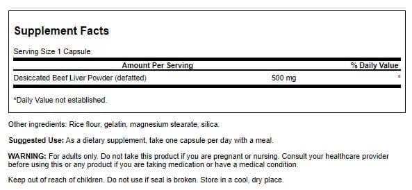 Swanson beef liver capsules label close-up highlighting non GMO formula.