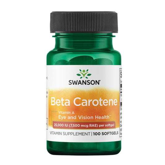 Swanson beta-caroteno, botella con cápsulas, apoyo a la salud ocular