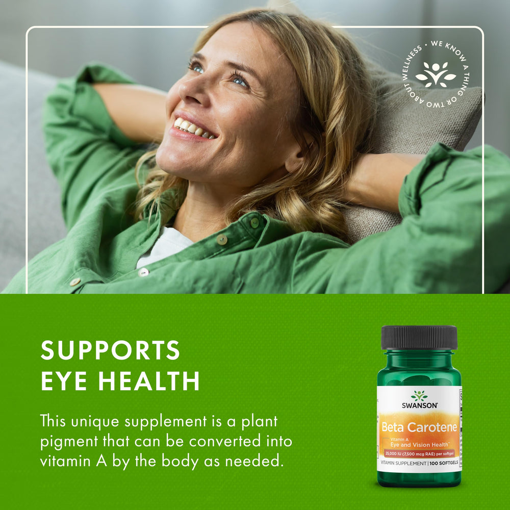 Swanson beta-caroteno, botella sobre mesa, diseño informativo y confiable