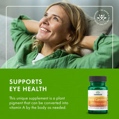 Swanson beta-caroteno, botella sobre mesa, diseño informativo y confiable