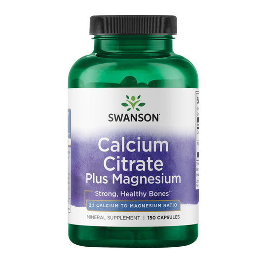 Swanson Calcium Citrate Plus Magnesium en cápsula para huesos fuertes y energía diaria.