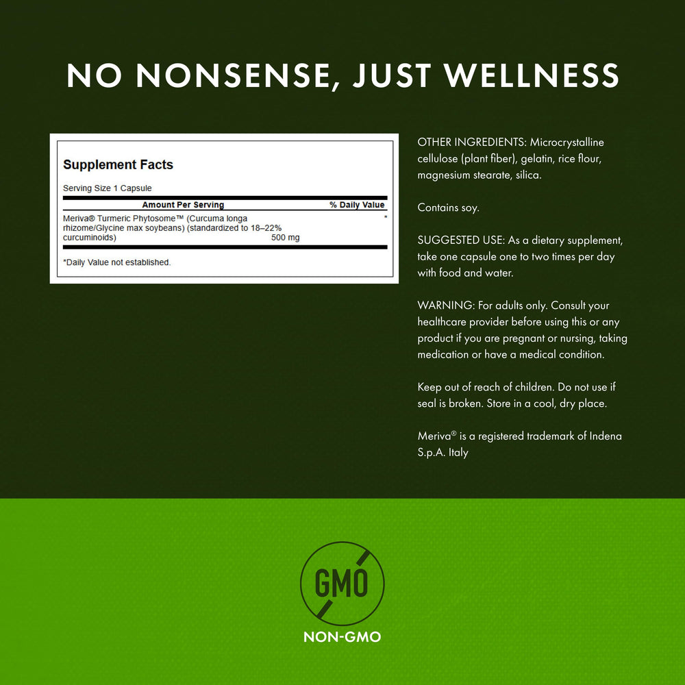 Swanson cúrcuma Meriva 500 mg cápsulas, uso diario para comodidad articular.