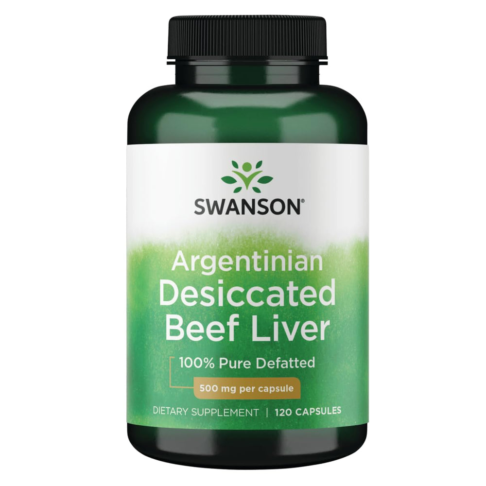 Swanson defatted desiccated beef liver capsules with 500 mg for daily nutrition.