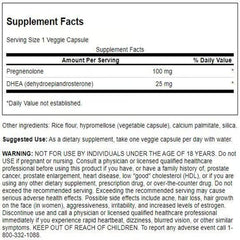 Swanson DHEA y pregnenolona, caja del producto, guía de uso para envejecimiento activo.