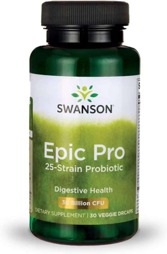 Swanson Epic-Pro frasco de probiótico con 25 cepas para apoyar la salud digestiva.
