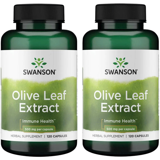 Swanson extracto hoja olivo, botella frontal, apoyo natural al bienestar diario.