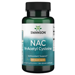 Swanson frasco frontal NAC 600 mg mostrando el envase y beneficio antioxidante