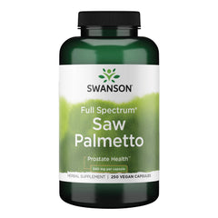 Swanson frasco frontal Saw Palmetto mostrando presentación y beneficio de suministro prolongado