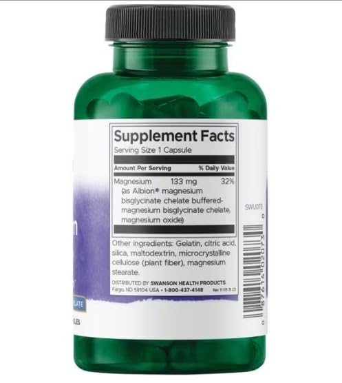 Cápsulas de Magnesio Albion Swanson, etiqueta clara, absorción óptima gracias al glicinato quelado.
