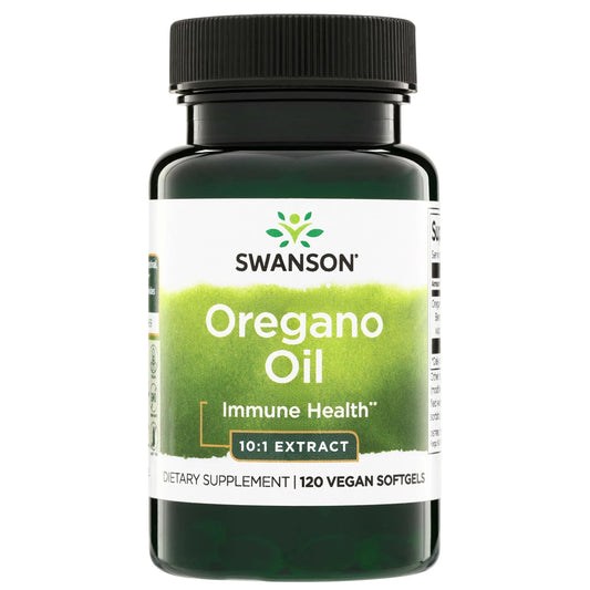 Swanson botella frontal mostrando orégano 10:1 y beneficio de apoyo digestivo