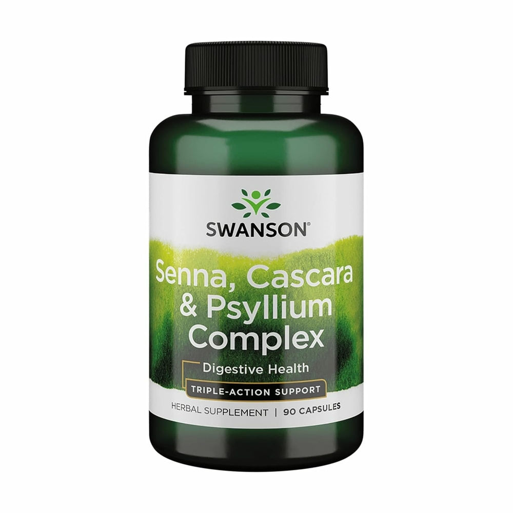 Swanson Senna Psyllium Cascara Complex, botella de cápsulas, favorece la regularidad diaria.