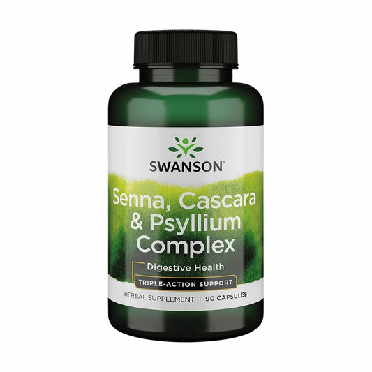 Swanson Senna Psyllium Cascara Complex, botella de cápsulas, favorece la regularidad diaria.