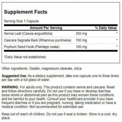 Swanson Senna Psyllium Cascara Complex, etiqueta frontal, lectura clara de dosis y beneficios.