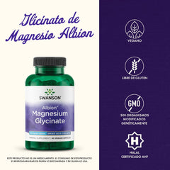 Swanson Albion Chelated Magnesium comparación de tamaño en mano, indica porciones por frasco