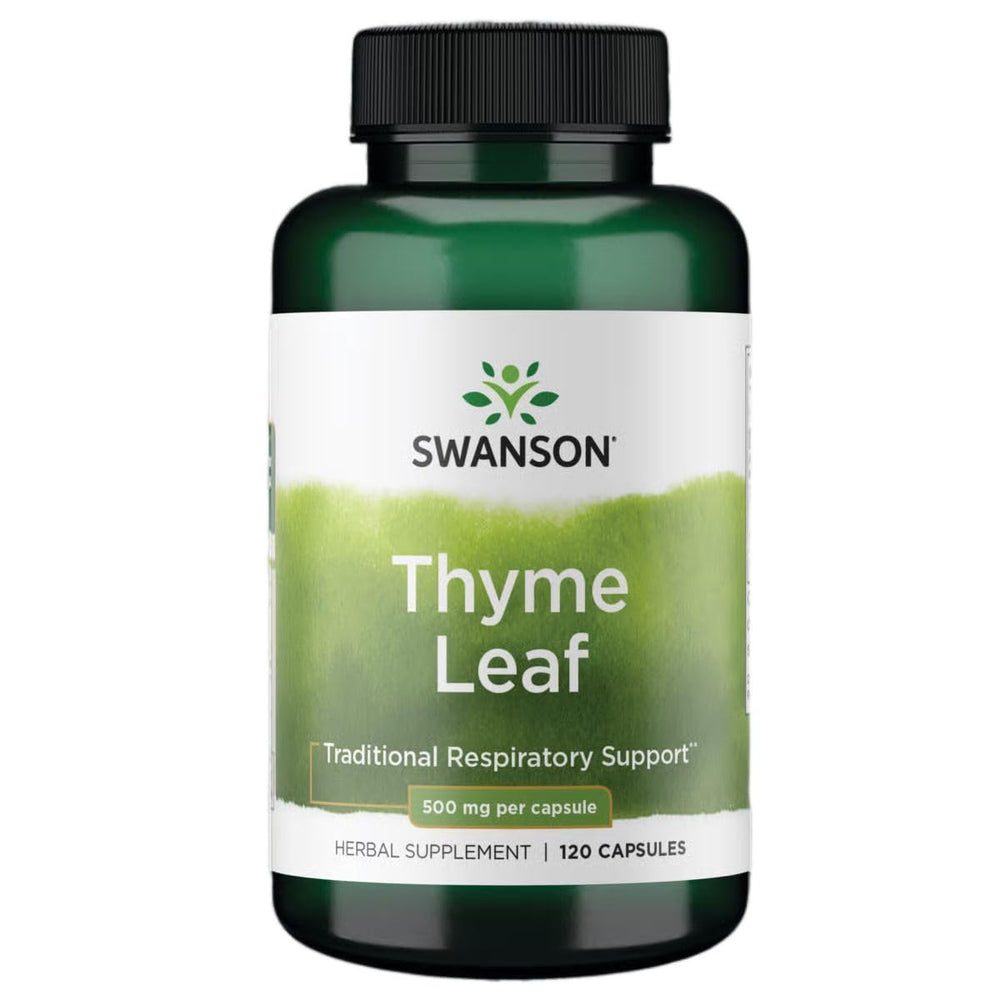 Swanson frasco frontal de Thyme Leaf 500 mg mostrando envase y cantidad