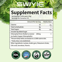 Swiyie polvo mezclado en smoothie verde, aporta color y versatilidad