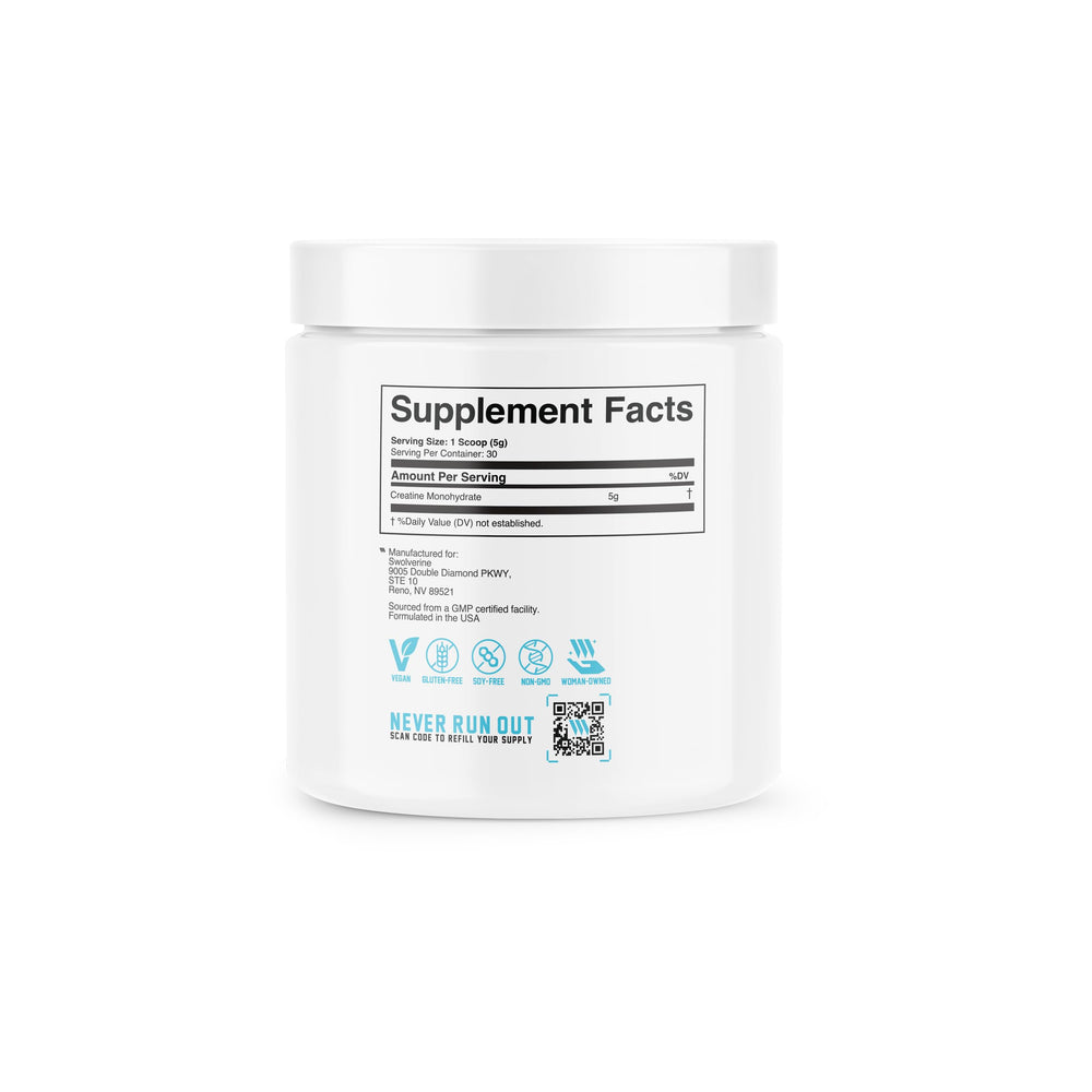 Swolverine creatine cucharada de 5 g frente a regla para tamaño y dosis