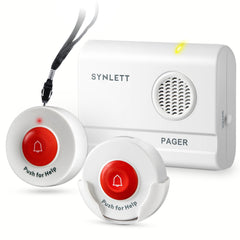 SYNLETT pager frontal mostrando controles y beneficio de alerta clara